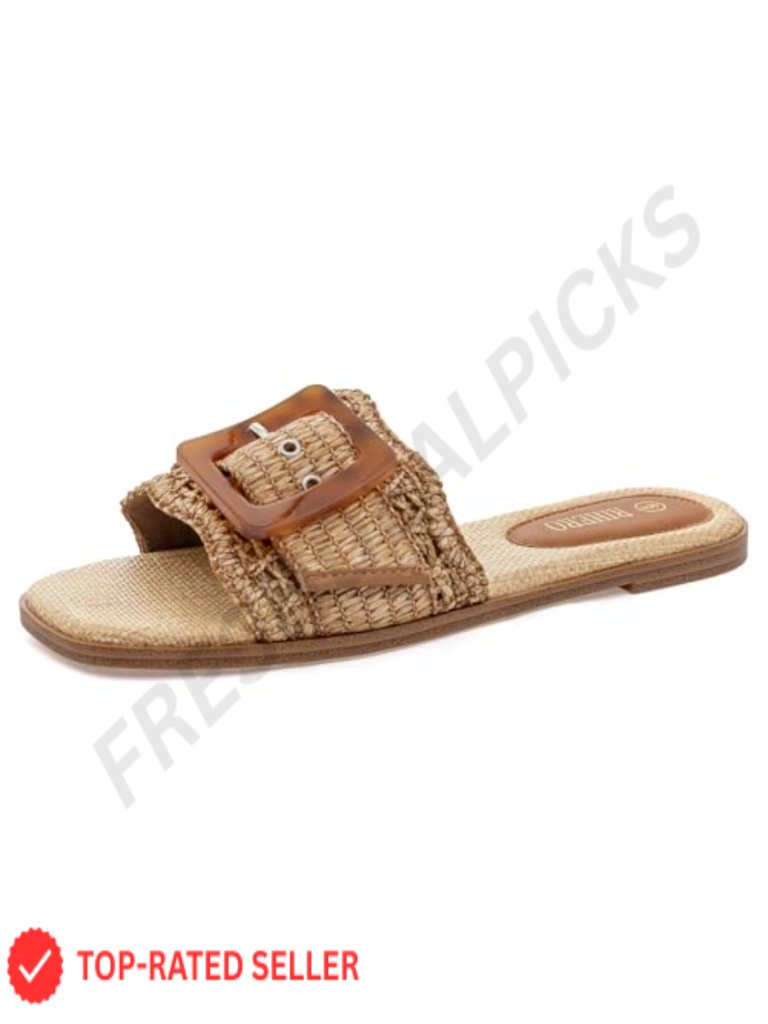 Woven Raffia Slide Sandals Square Open Toe Summer Beach Slip On